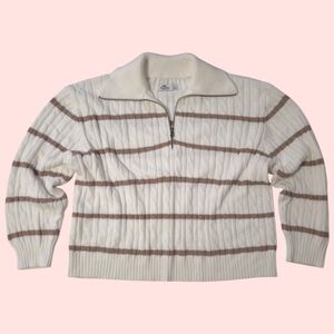 Hollister Co. White And Tan Striped Cable Knit Quarter-Zip Sweater — Size L